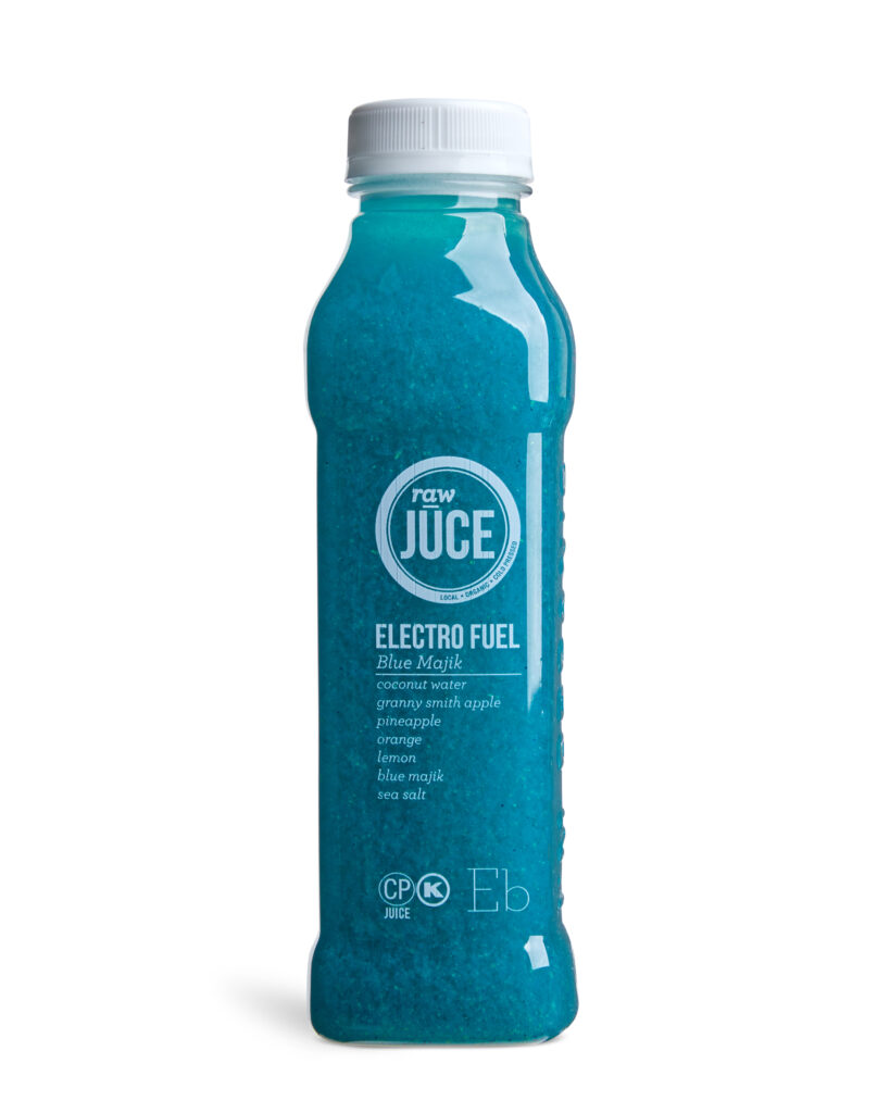 Organic Cold Pressed Plant Based Juice: Electro Fuel Blue Majik: Coconut Water, Granny Smith Apple, Pineapple, Orange, Lemon, blue majik, sea salt, hydrating, post workout drink, energizing, high in antioxidants