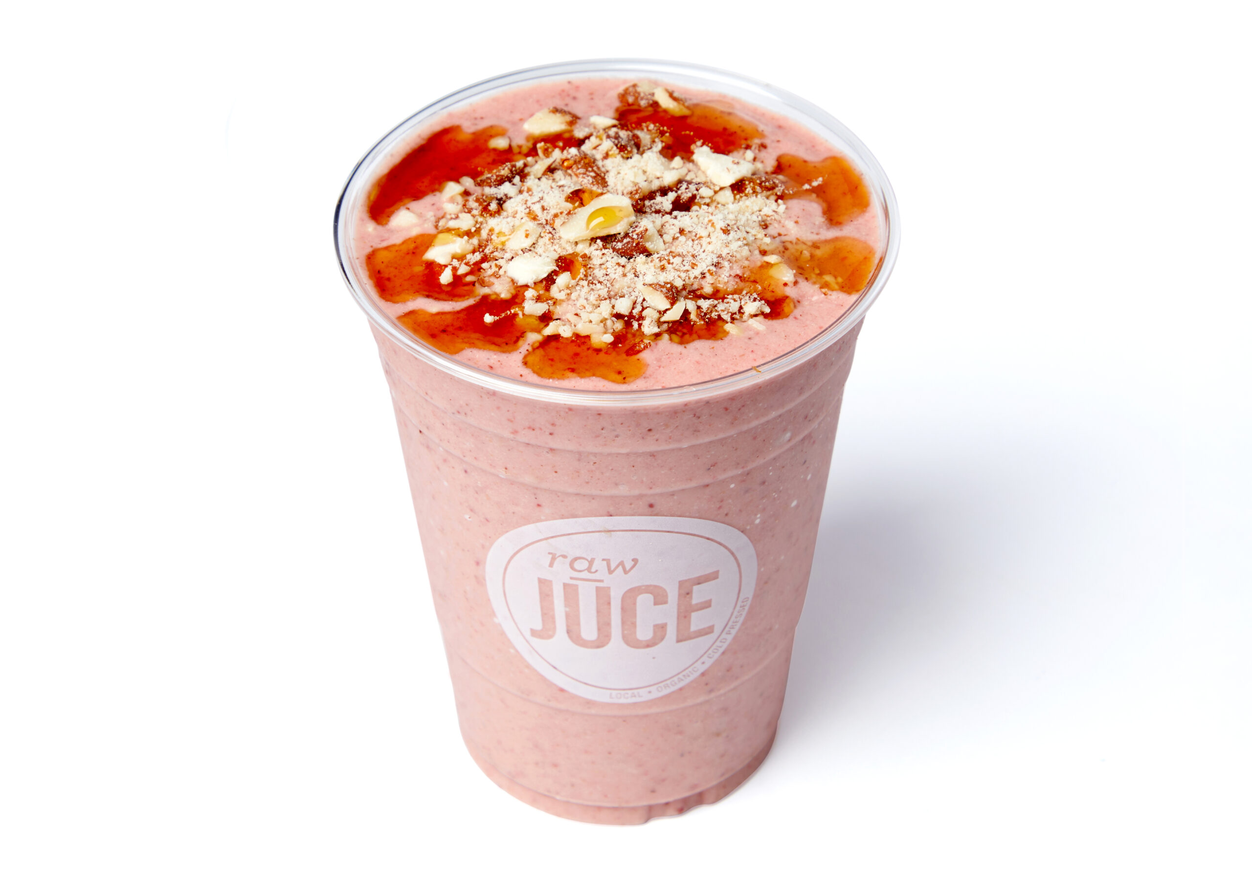 Strawberry Protein: Strawberry, Banana, Coconut, Granny Smith, Almond Mylk, Almond Butter, Protein, garnished with Almonds, Honey Organic Cold-pressed Plant Based Smoothie Healthy Natural Vegan