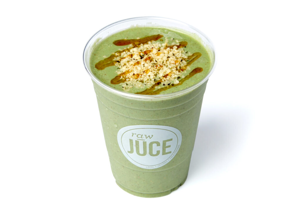 Super Greens: Pineapple, Mango, Avocado, Ginger, Spirulina, Spinach, Granny Smith, Cucumber, garnished with Hemp Seeds, Honey Organic Cold-pressed Plant Based Smoothie Healthy Natural Vegan